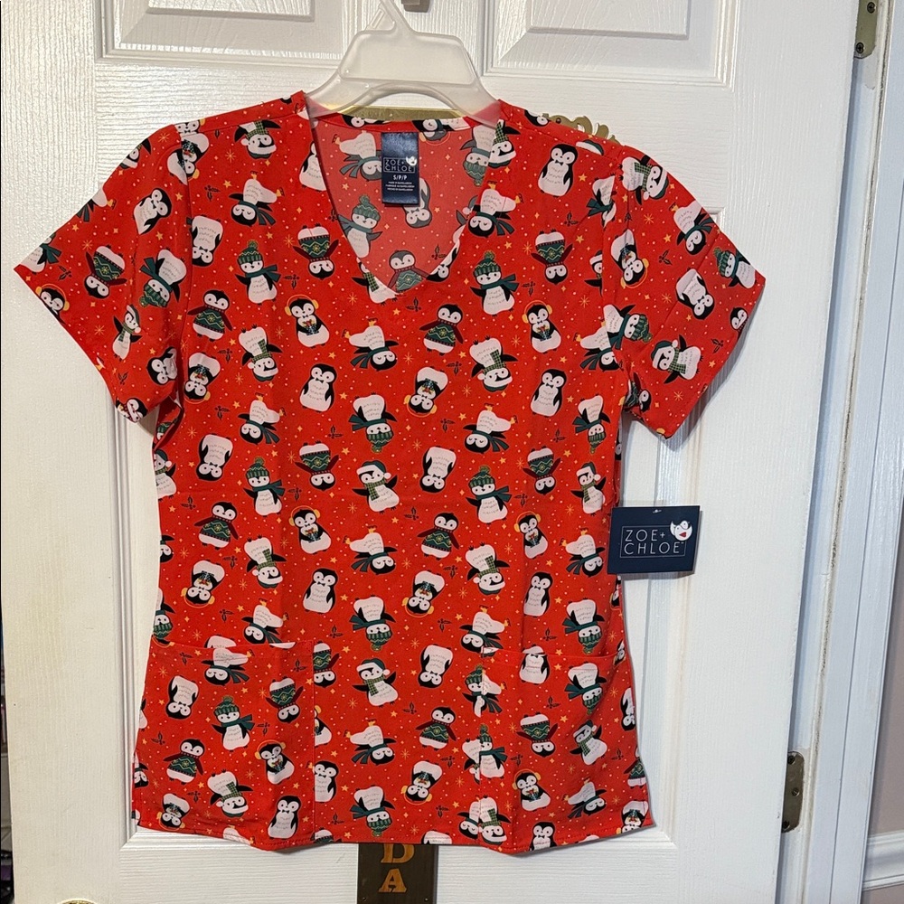 Zoe Chloe Christmas Red Penguin scrub top; size: S